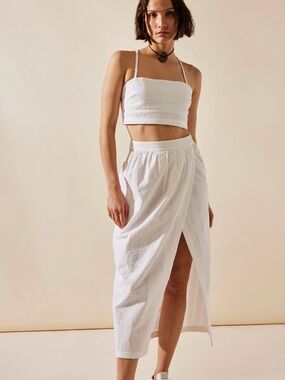 Free People White Textured Midi Skirt Set with Cropped Top